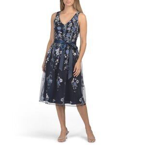 ALEX EVENINGS Navy Multi V-neck Embroidered Midi Dress